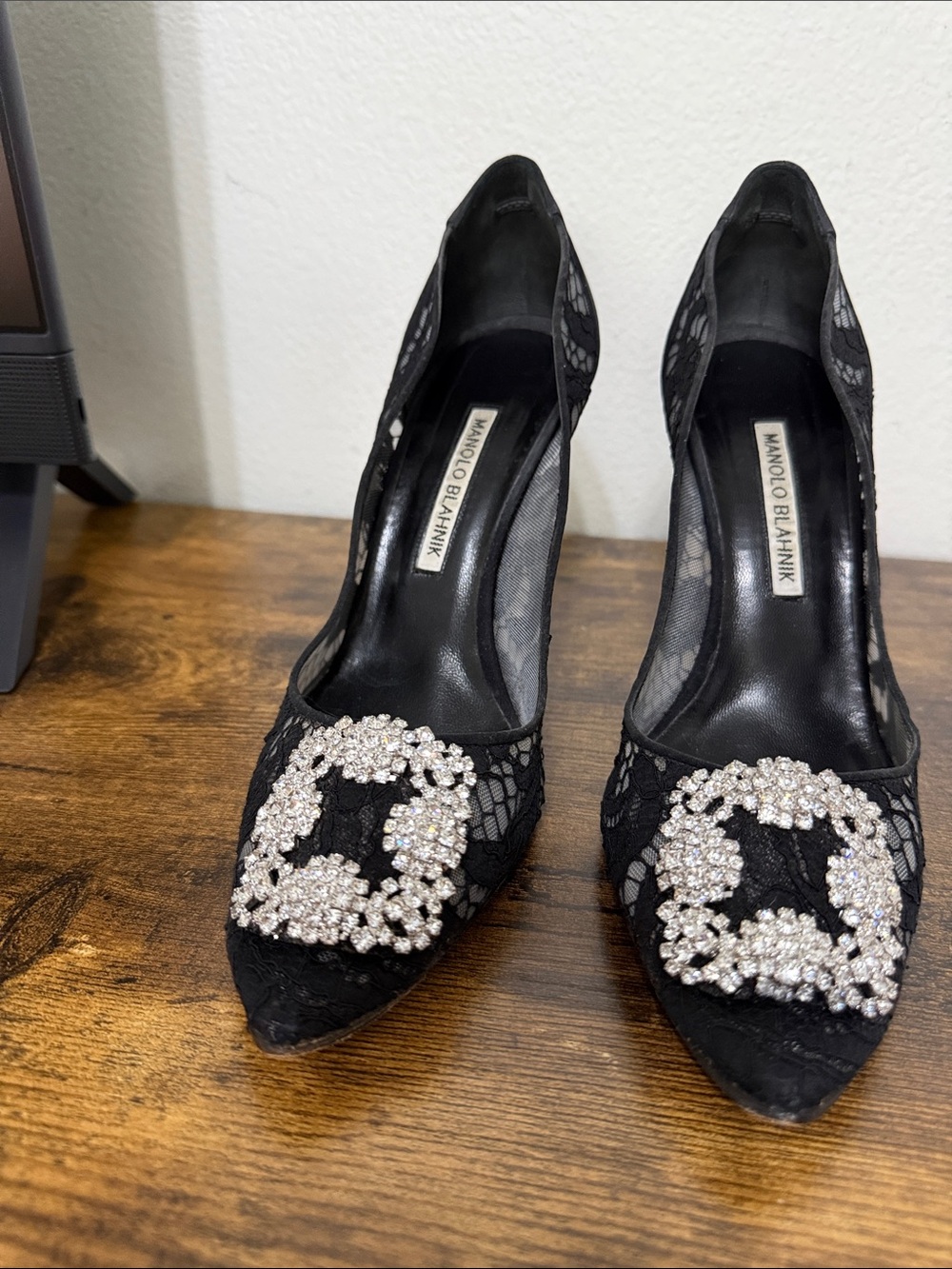 Manolo Blahnik Black Lace Pumps with Crystal Square Buckles